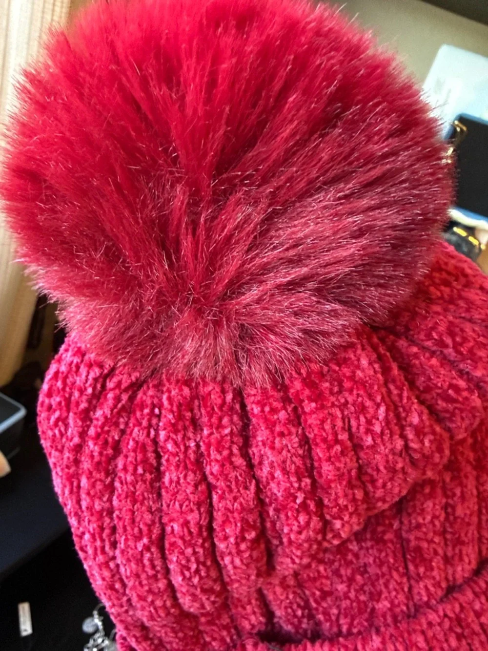 Cranberry Red Chenille Ribbed Knit Beanie Faux Fur Pom Pom Winter Hat OS